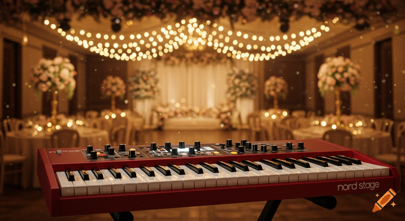 A red Nord Stage keyboard in a warmly lit wedding reception hall with string lights and floral decorations.