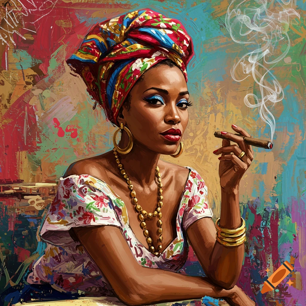A vibrant, painterly portrait of a Cuban woman in a colorful headwrap and jewelry, smoking a cigar.