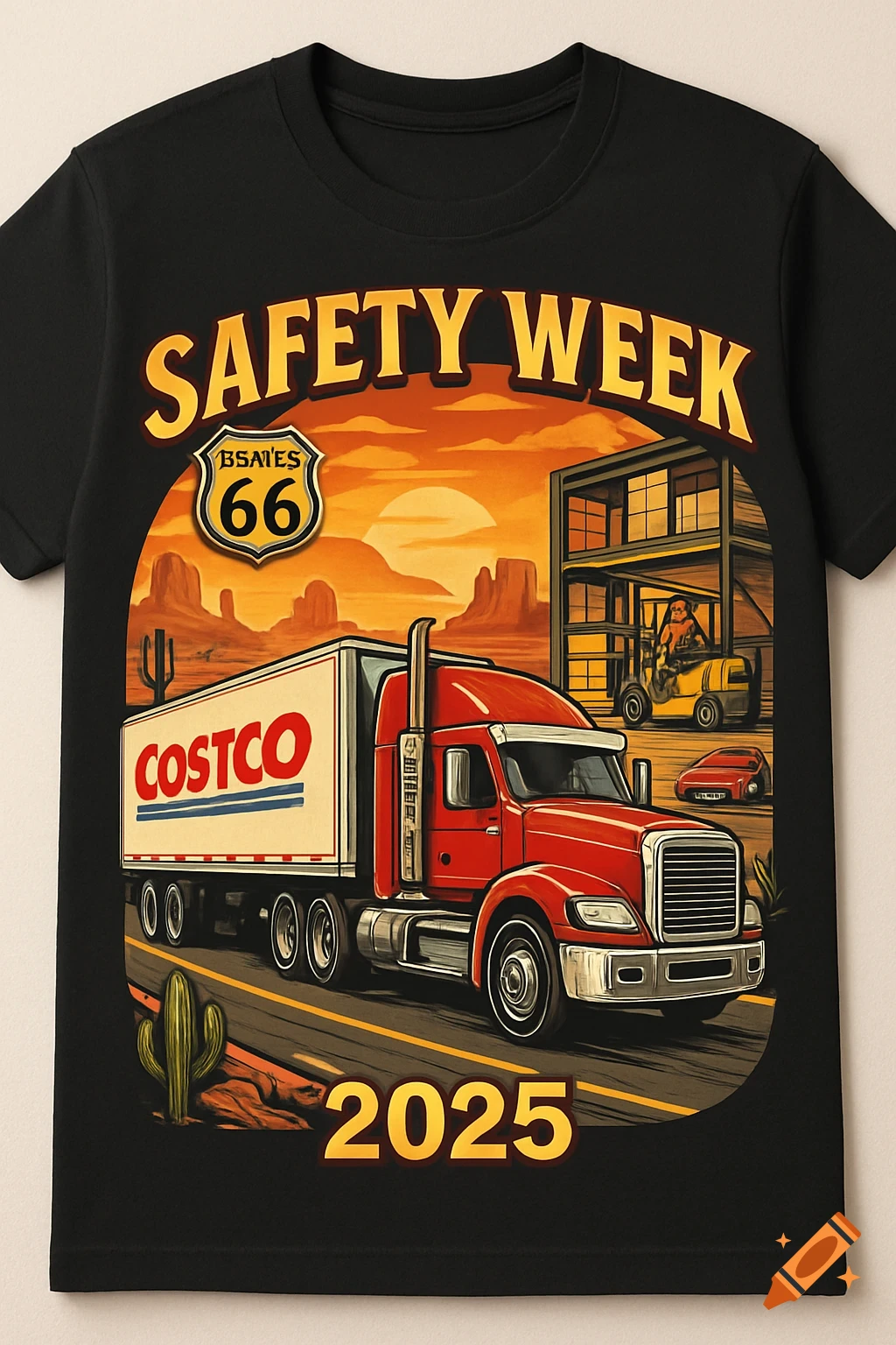 Black t-shirt with a vintage-style graphic of a red semi-truck with a Costco trailer on a desert road with mountains and a sunset, text says 'SAFETY WEEK 2025'.