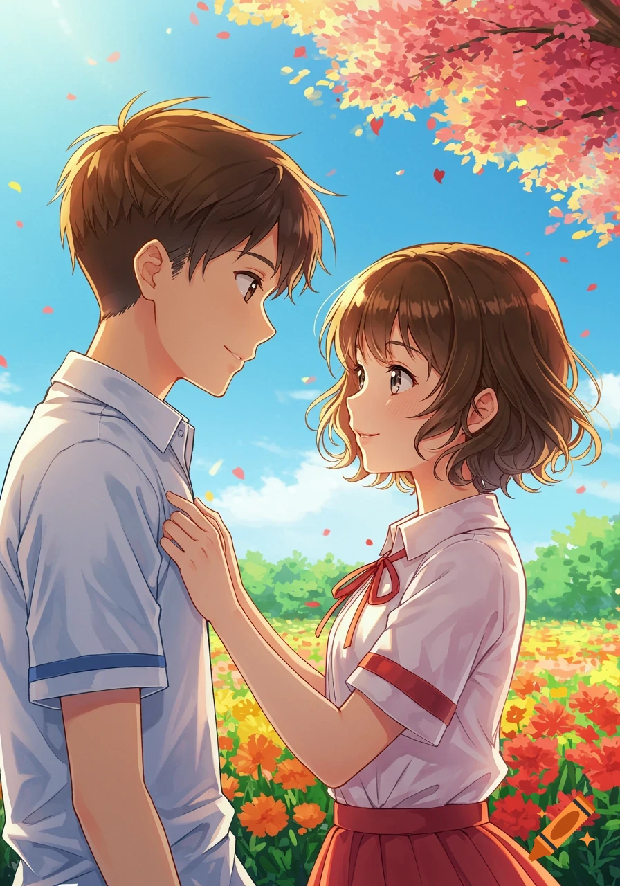 An anime couple, a boy and a girl, look at each other lovingly in a vibrant field of flowers under a bright sky.