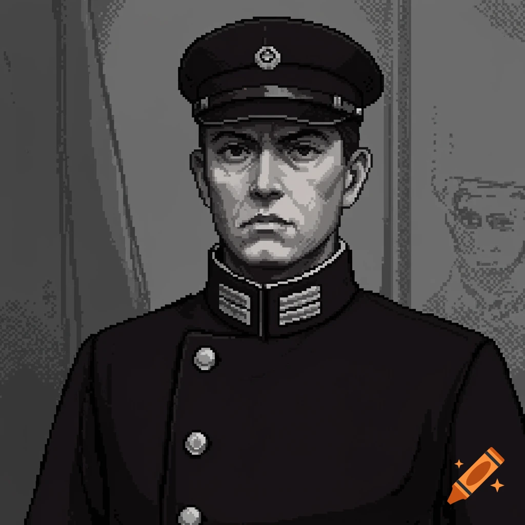 Pixel art portrait of a man in a 1930s Japanese military uniform with a high collar.