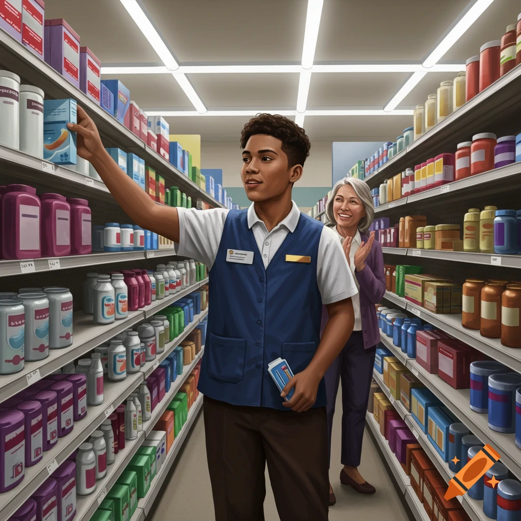A young male employee reaches for an item on a high shelf in a busy drug store aisle as an older female customer applauds.