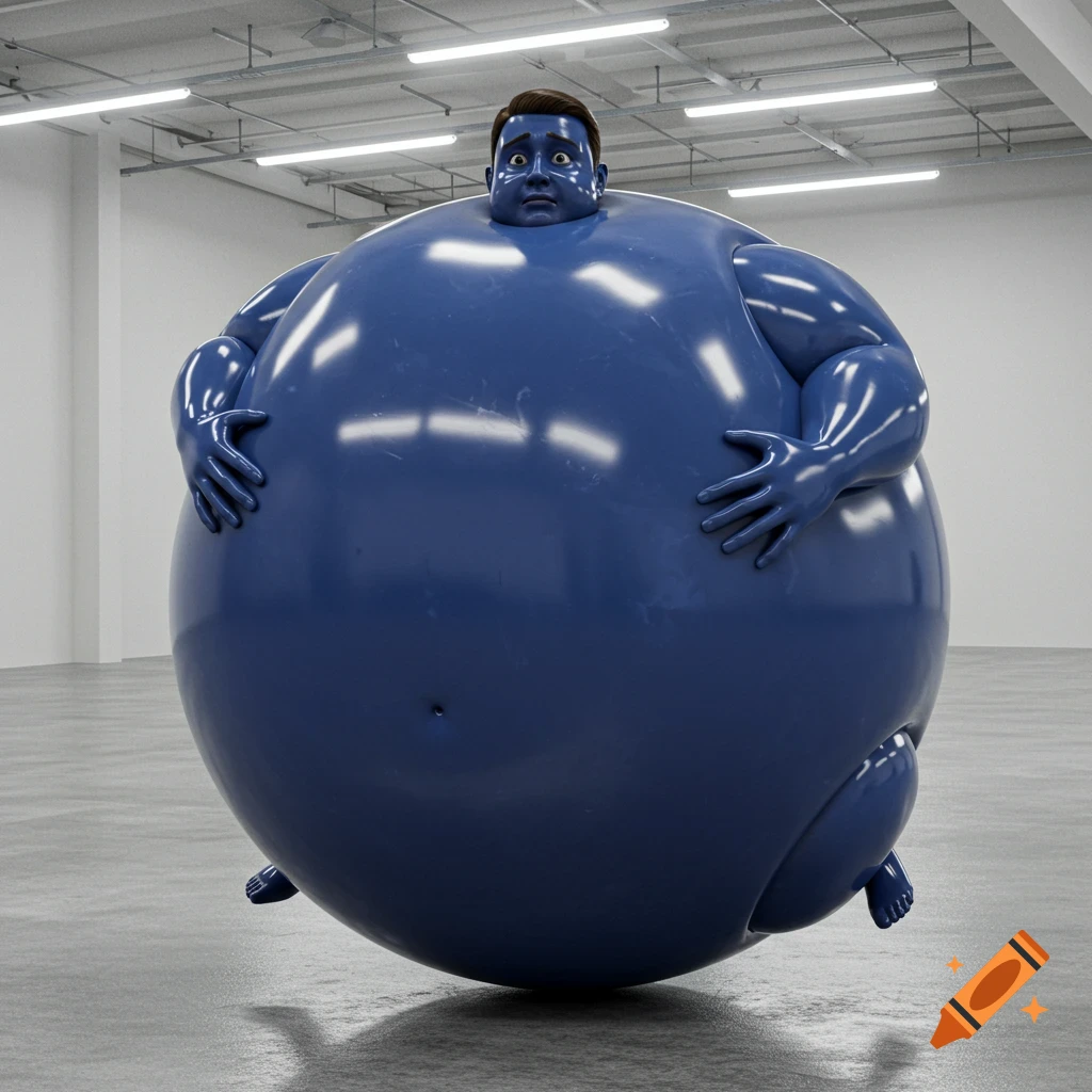 A man with blue skin inflated into a gigantic blueberry, looking nervous and confused in a white warehouse.