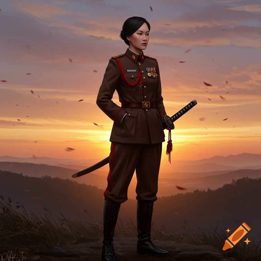A stylized digital painting of an Asian female military officer in a brown uniform with a samurai sword, standing on a hilltop at sunrise with mountains in the background.