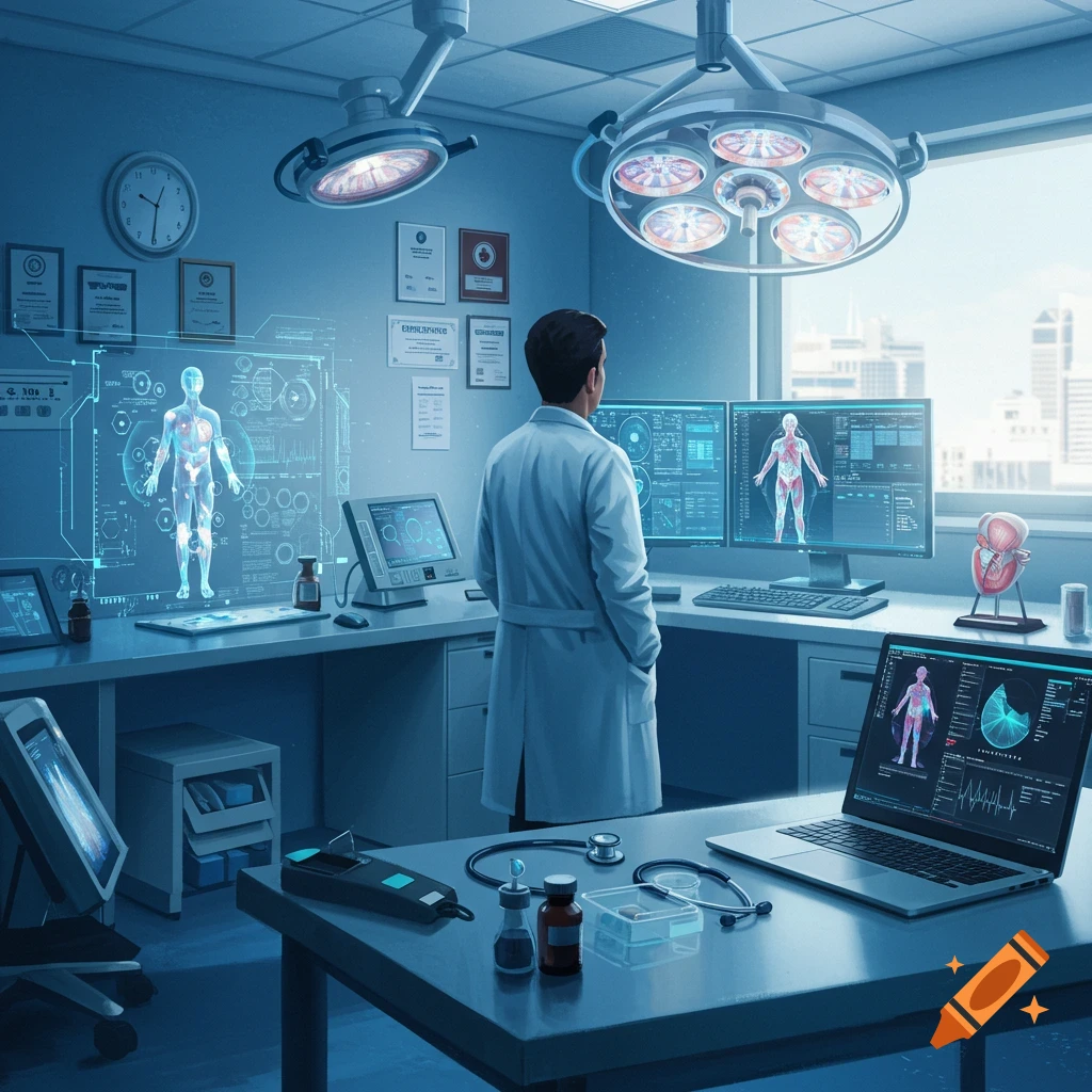 A doctor in a futuristic medical lab views holographic displays and monitors showing human anatomy. Photorealistic style.