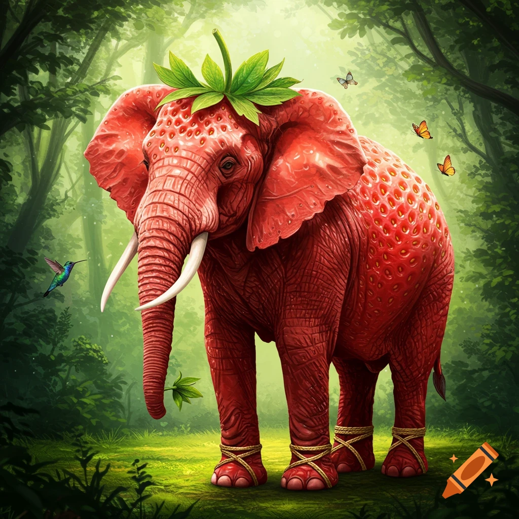 A whimsical red elephant with strawberry-textured skin and green leaves on its head, wearing rope sandals, stands in a vibrant green forest.