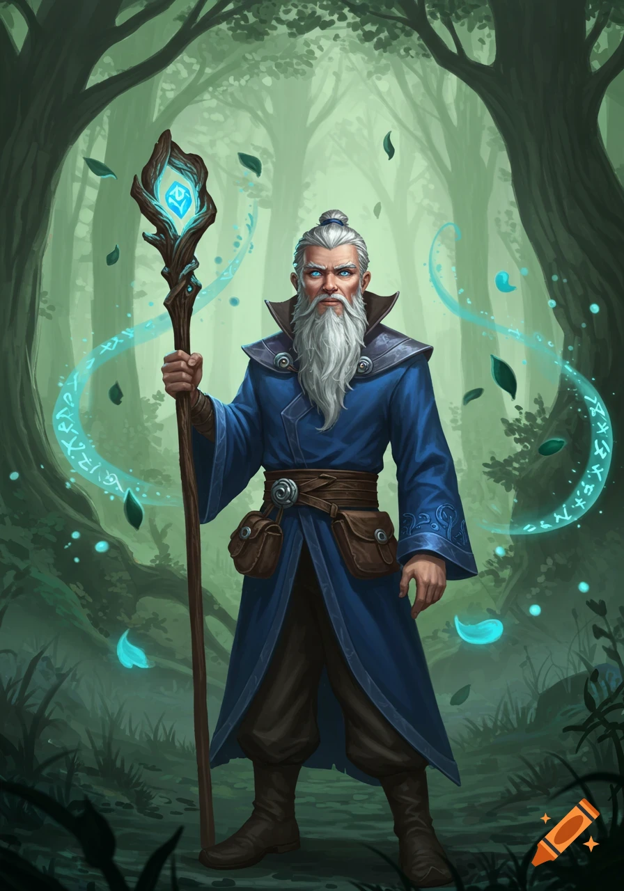 A grey-bearded wizard in a blue robe and brown satchels holds a glowing, gnarled wooden staff with a blue crystal. He stands in a mystical green forest with glowing blue leaves.