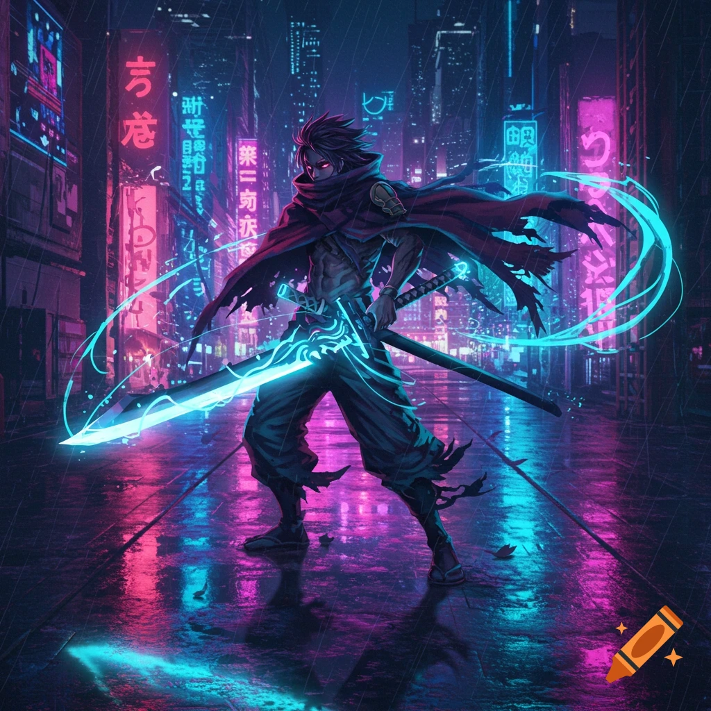 An anime character with a glowing sword stands in a neon-lit cyberpunk city at night, with rain falling.