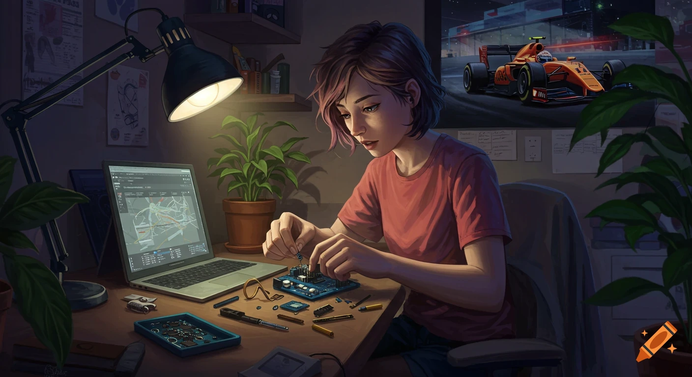A young woman with short hair works on an Arduino project at a desk lit by a lamp. A laptop and electronic components are on the desk. A Formula 1 poster hangs on the wall.