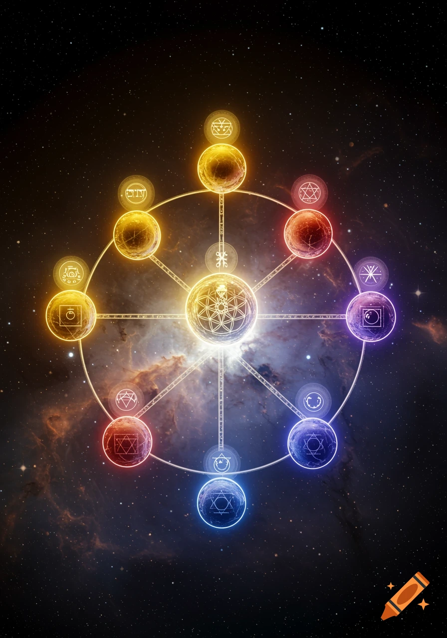 A vibrant, glowing circular mystical diagram with interconnected colorful spheres and lines, set against a dark starry cosmic background.