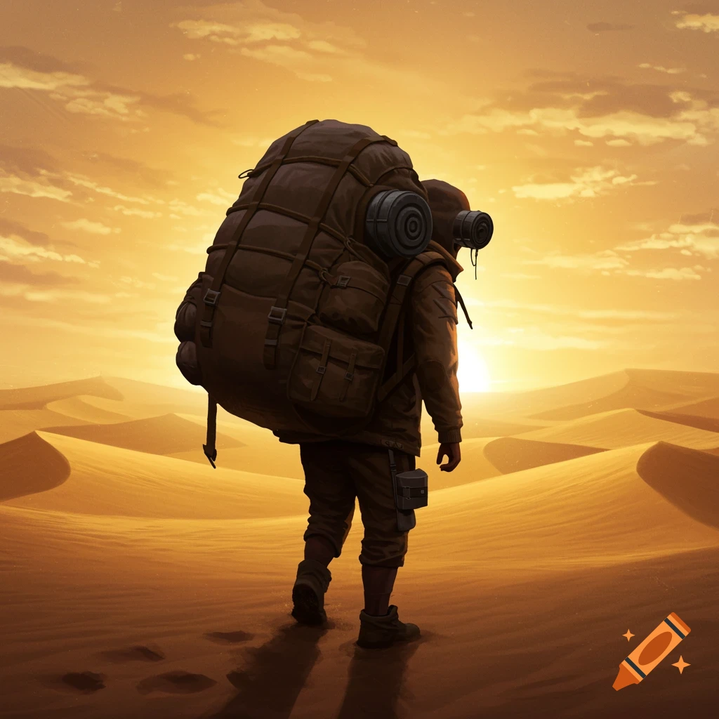 A person carrying a very large backpack walks through a desert at sunset, leaving footprints in the sand.