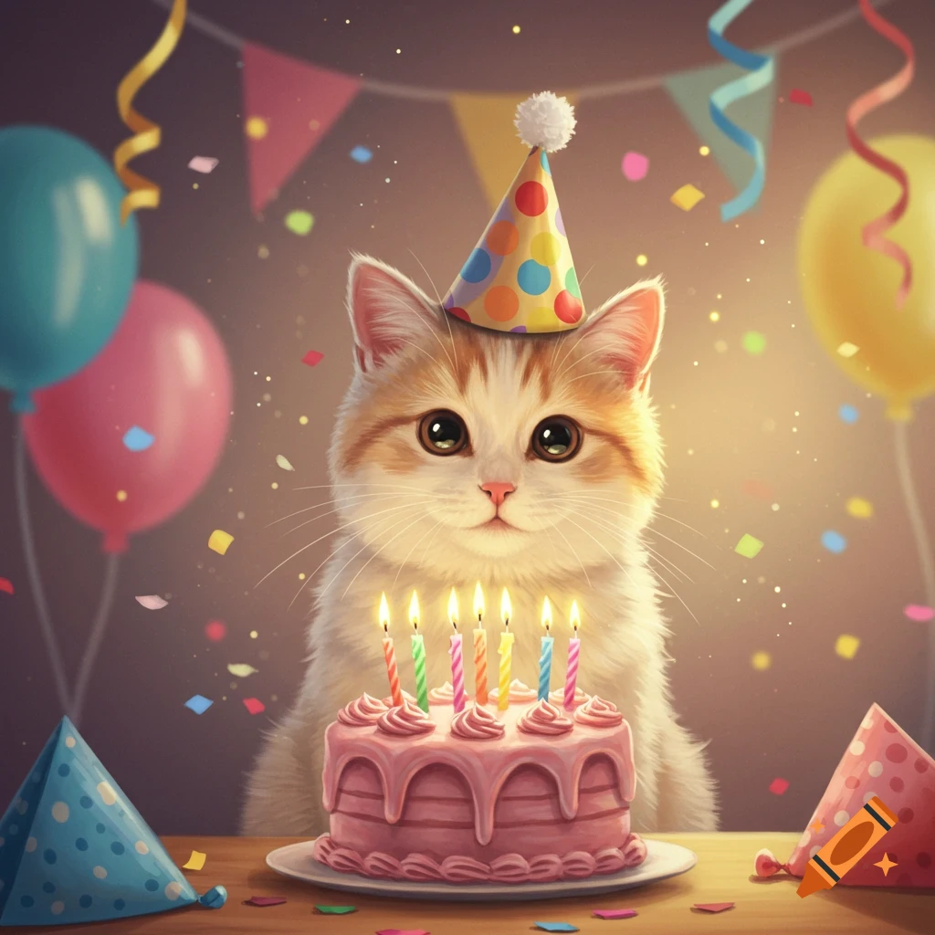 Cute cat wearing a party hat sits behind a pink birthday cake with lit candles, surrounded by colorful balloons and confetti.