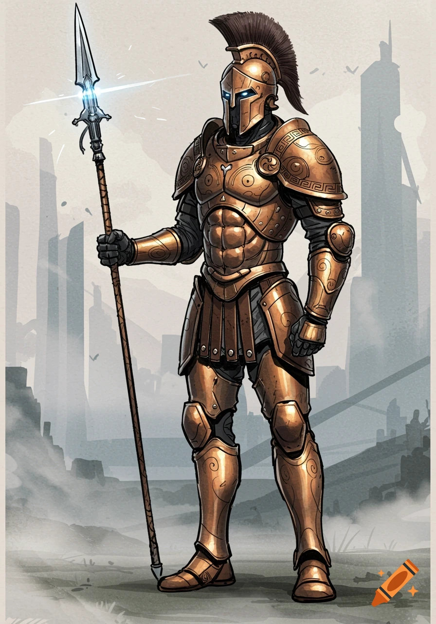 A full-body concept art illustration of a sci-fi soldier in bronze Spartan-inspired power armor, holding a glowing spear.