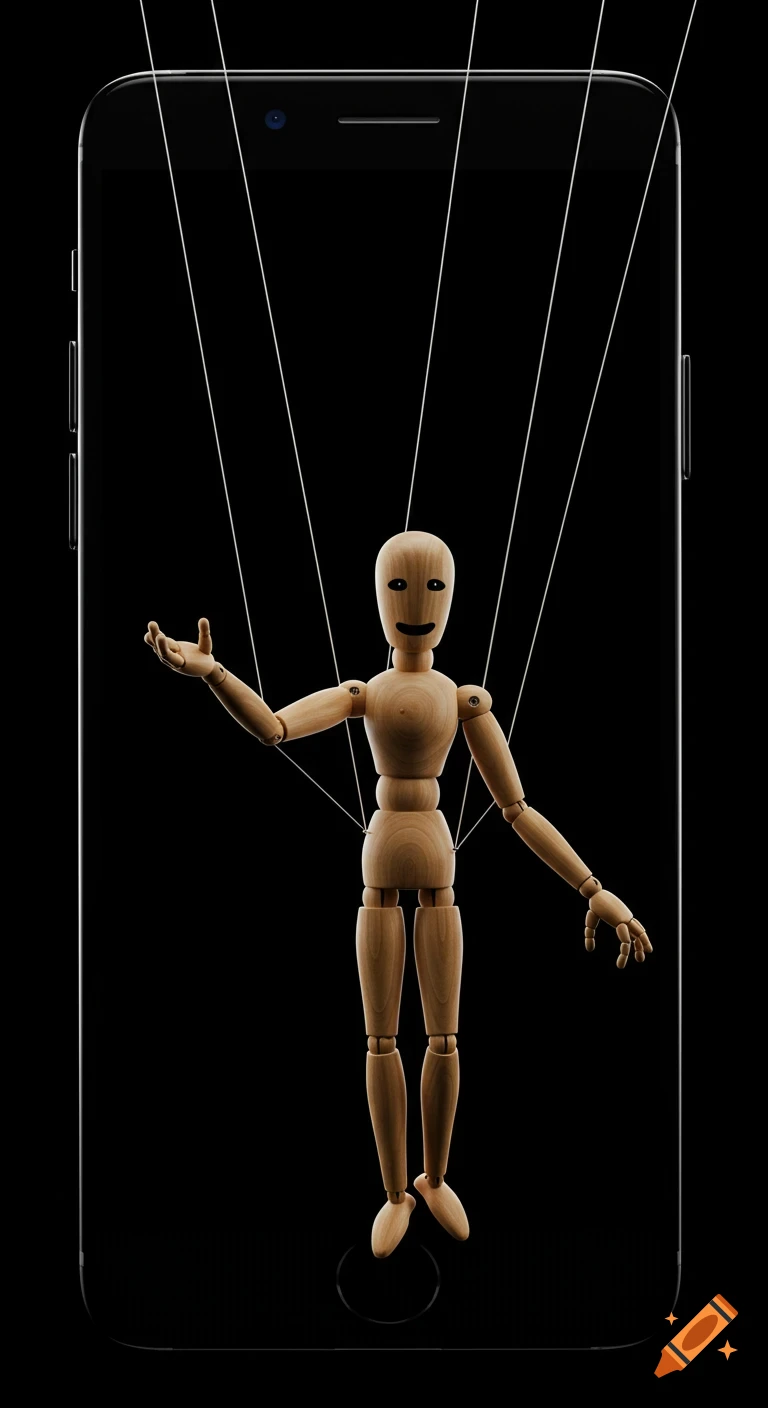 A wooden puppet with strings on its limbs stands centered inside the screen of a black smartphone against a black background.