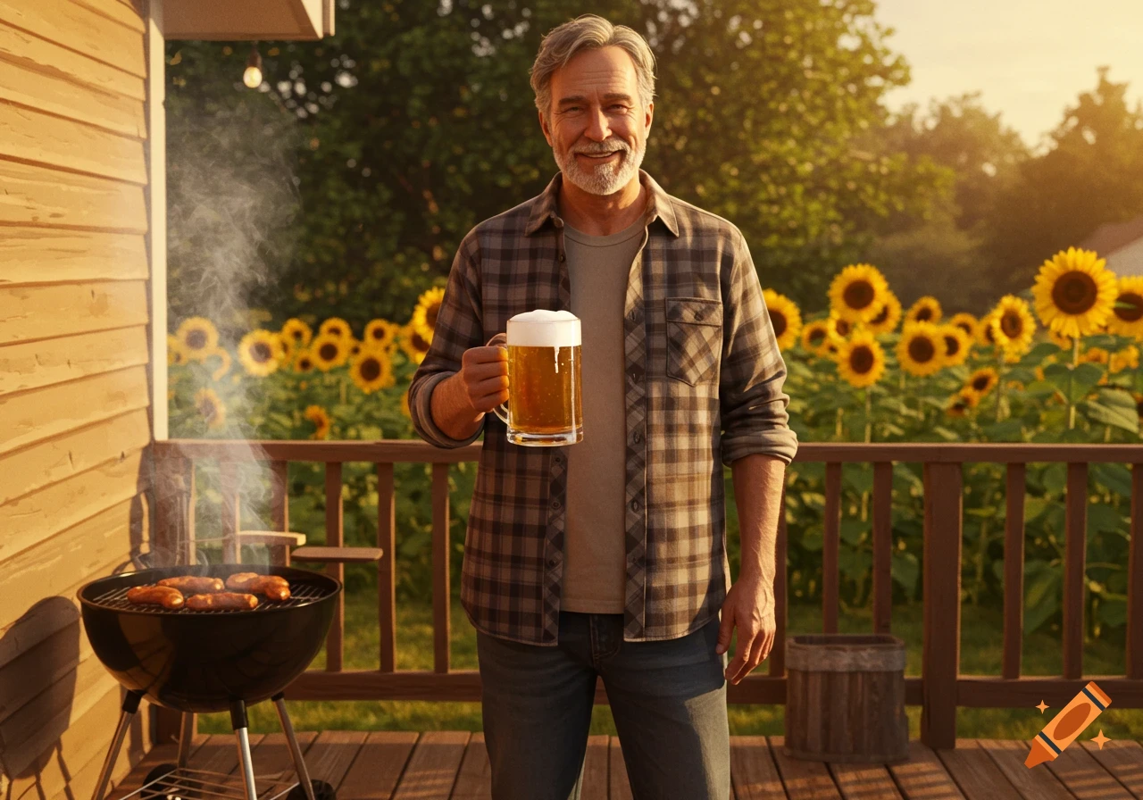 A smiling older man holds a beer mug while standing next to a smoking grill on a wooden deck with a sunflower field in the background.