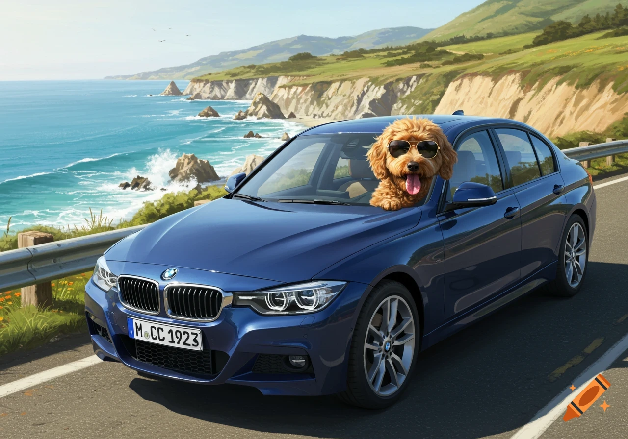 A golden doodle wearing sunglasses with its head out the window of a blue BMW driving on a coastal road overlooking the ocean.