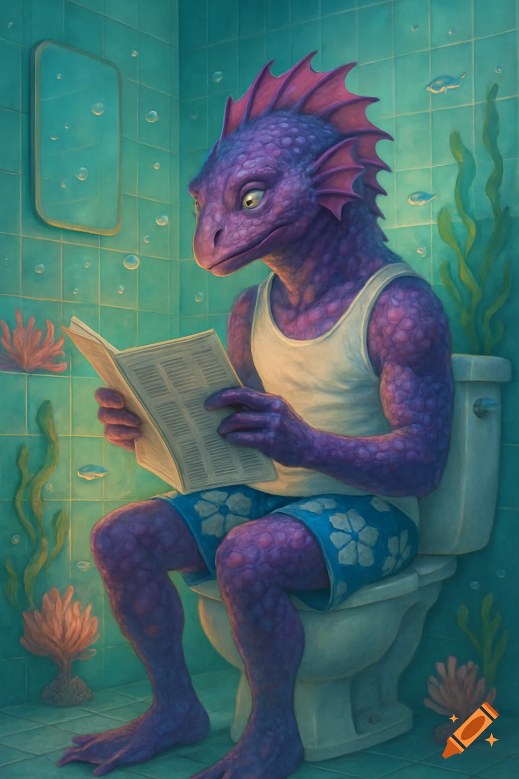 A purple anthropomorphic sea monster man in a tank top and swimming trunks sits on a toilet, reading a newspaper in an underwater bathroom.