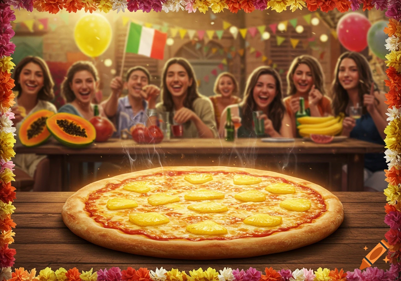 A hot pineapple pizza on a wooden table, surrounded by smiling people at a festive gathering with tropical fruits and an Italian flag.