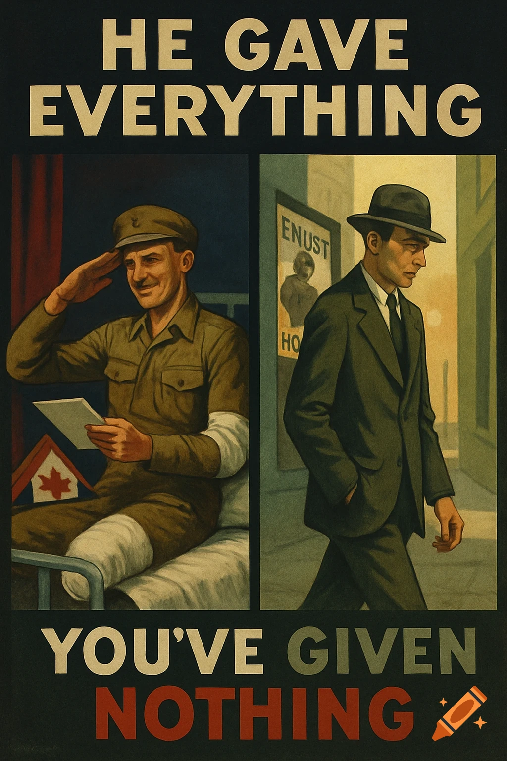 A vintage war propaganda poster, split into two panels. Left: a wounded soldier in bed, saluting. Right: a civilian man walking past a recruitment office. Text reads: 'HE GAVE EVERYTHING. YOU'VE GIVEN NOTHING.'