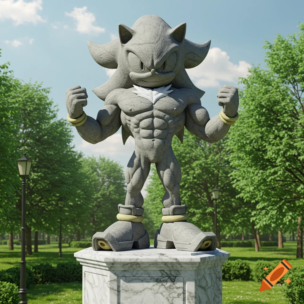 A detailed stone statue of a buff Shadow the Hedgehog stands in a sunny park with green trees and grass.