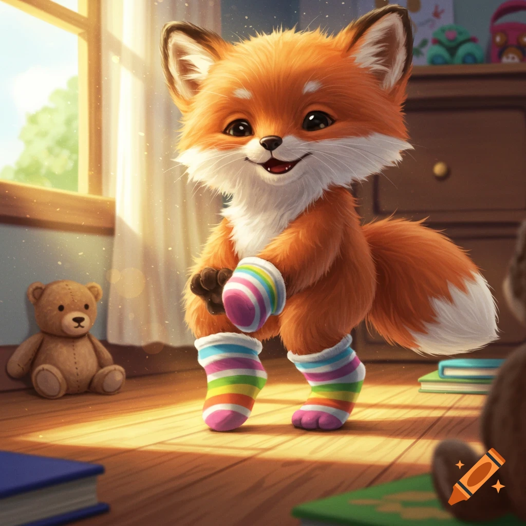 A cute, fluffy orange fox wearing rainbow-striped socks stands in a sunny room with a teddy bear.