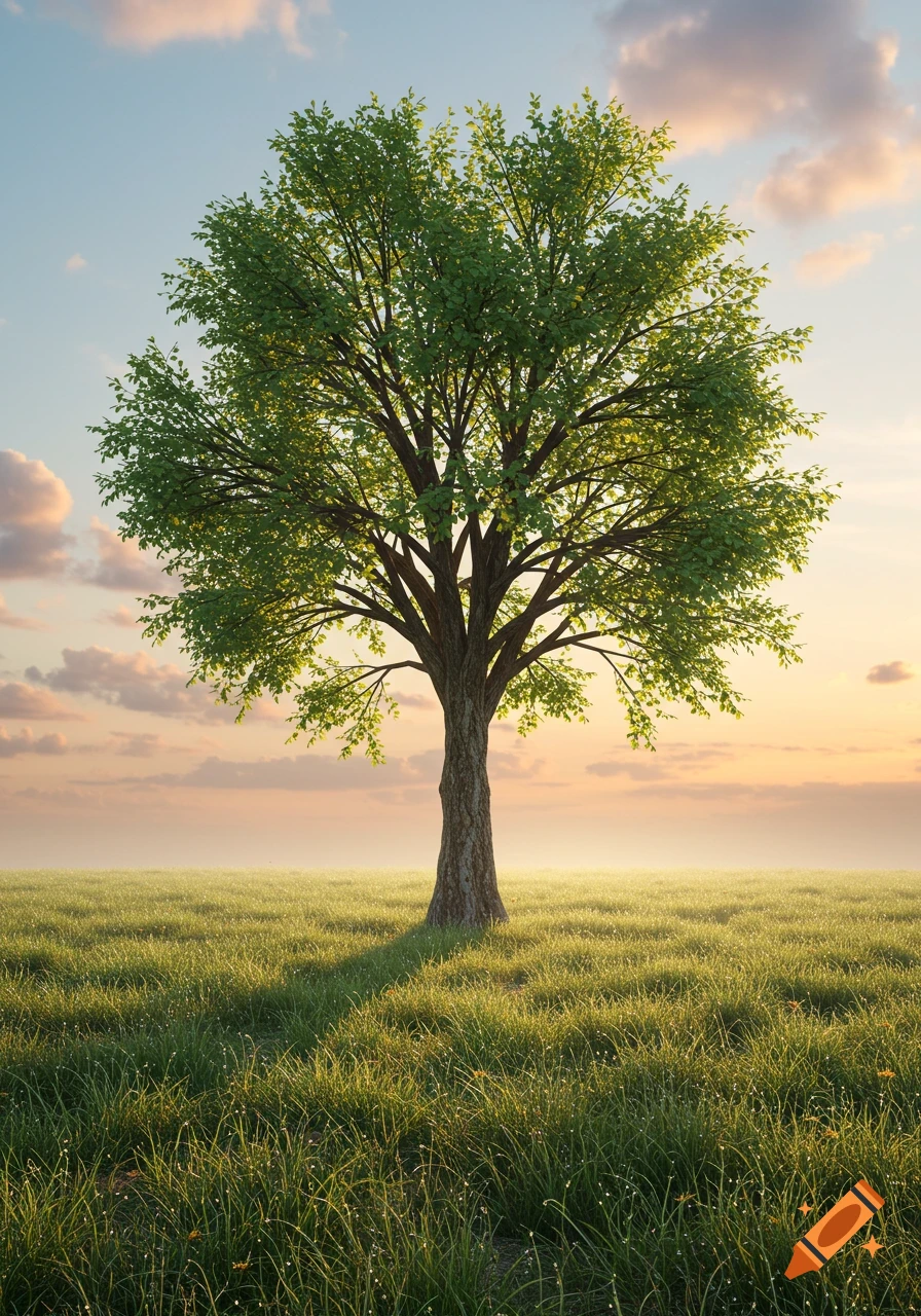A lone green tree stands in a vast grassy field bathed in warm light under a cloudy sky.