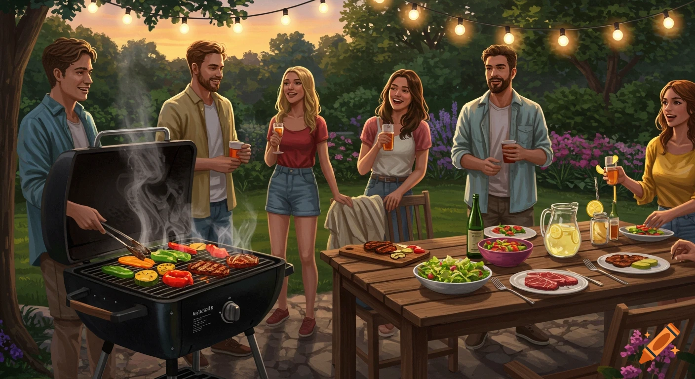 Friends enjoy a lively backyard BBQ at sunset, grilling food and socializing around a table with drinks and salads.