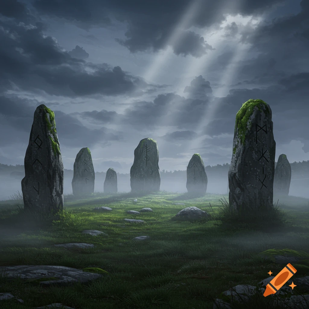 Mysterious stone circle with moss-covered megaliths under a cloudy sky with light rays, set in a misty green landscape.