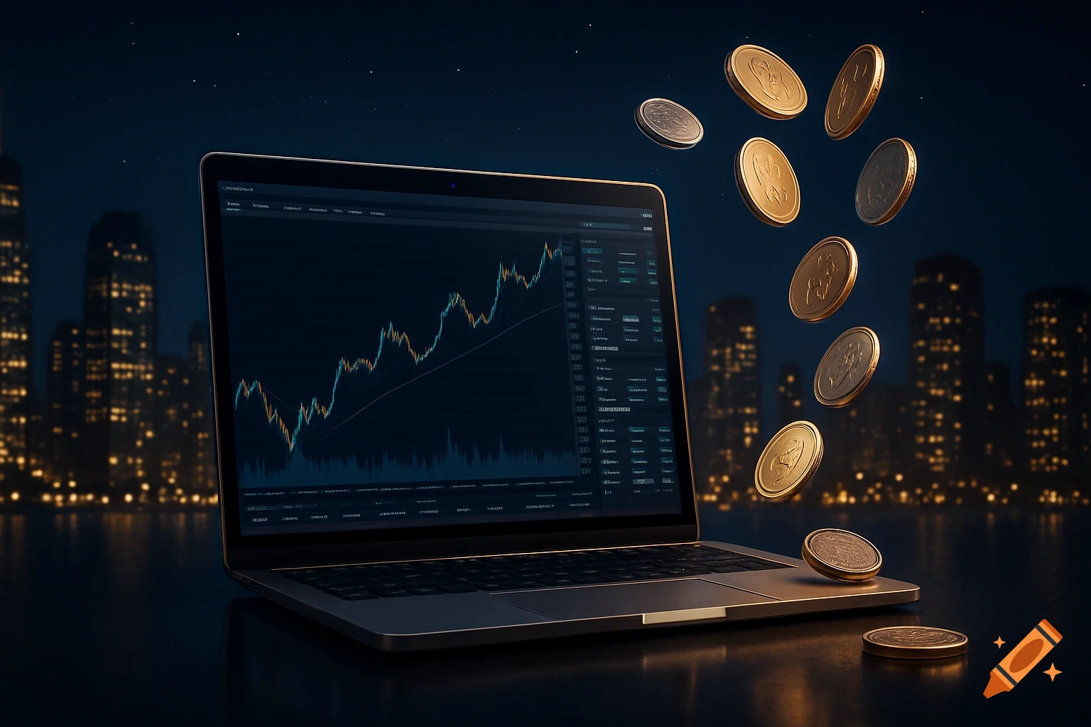 A laptop displaying a stock market graph, with gold and silver coins floating above and around it, set against a dark city skyline at night. Photorealistic style.