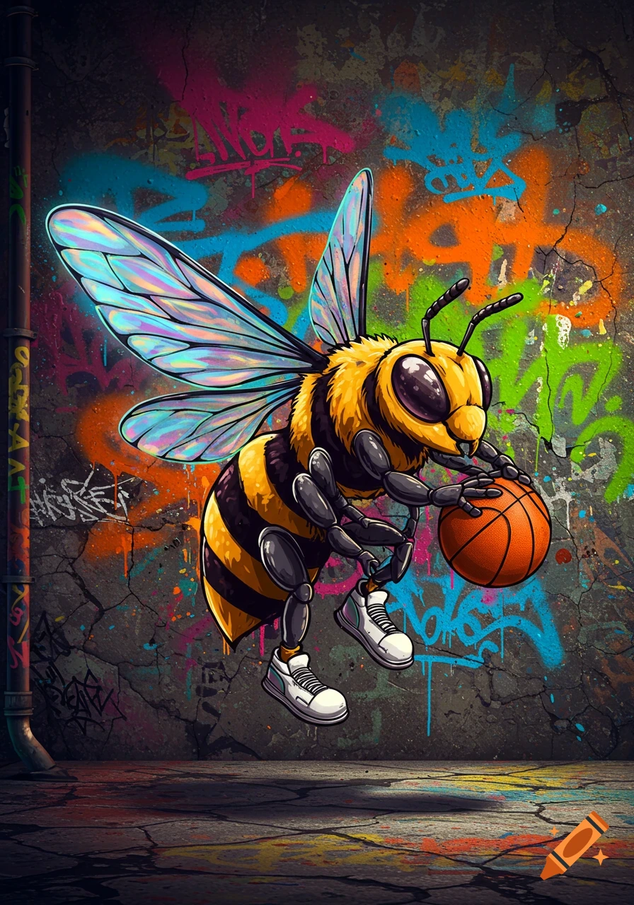 A cartoon bee wearing white sneakers dribbles a basketball against a vibrant, colorful graffiti-covered wall.