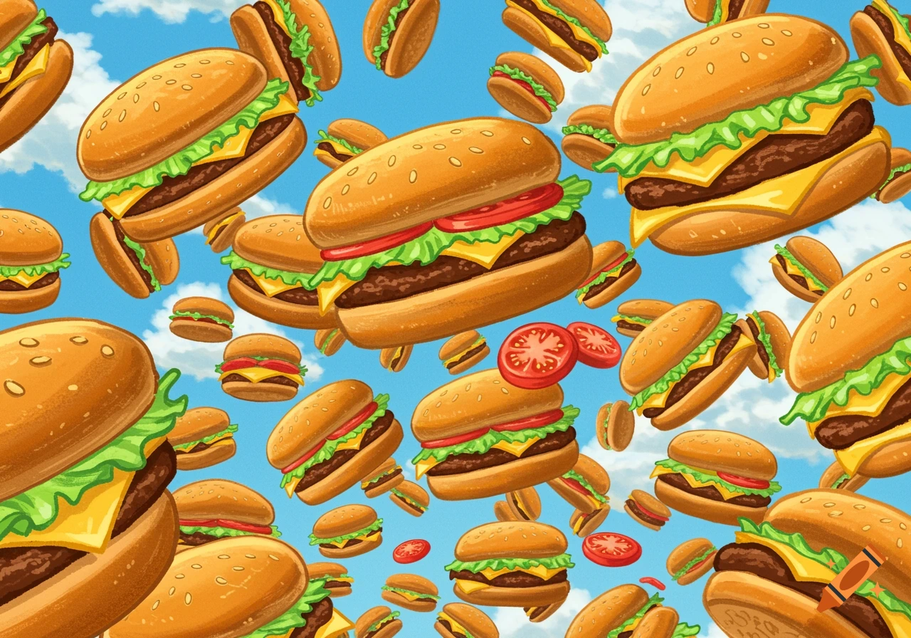 Cartoony illustration of numerous burgers flying in a bright blue sky with clouds.