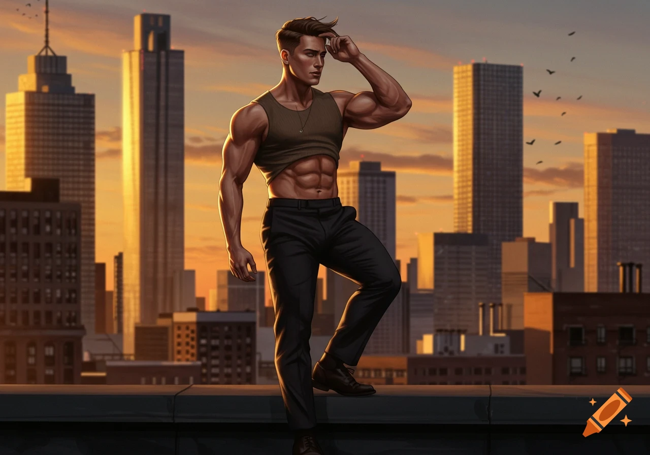 A muscular man in a tank top and black pants stands on a rooftop with a cityscape and sunset background.