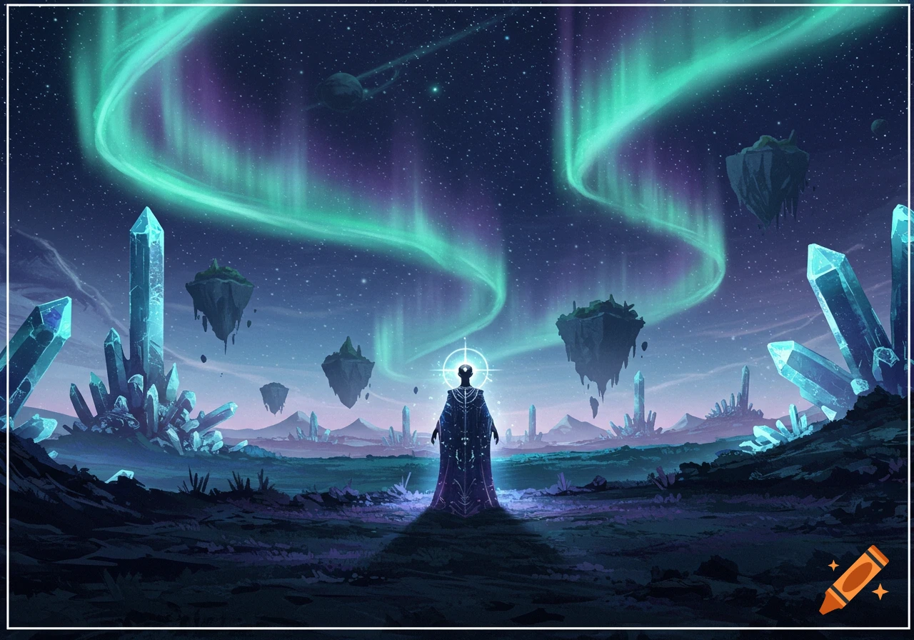 A cloaked figure stands amidst glowing crystals and floating islands under a starry sky with aurora borealis.