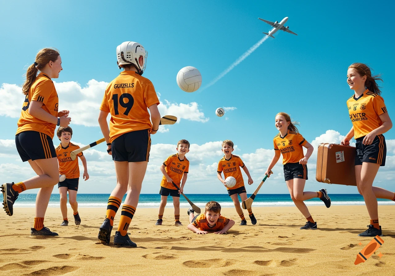 Happy children in orange and black jerseys play Camogie and Gaelic football on a sunny beach, with an airplane flying overhead.
