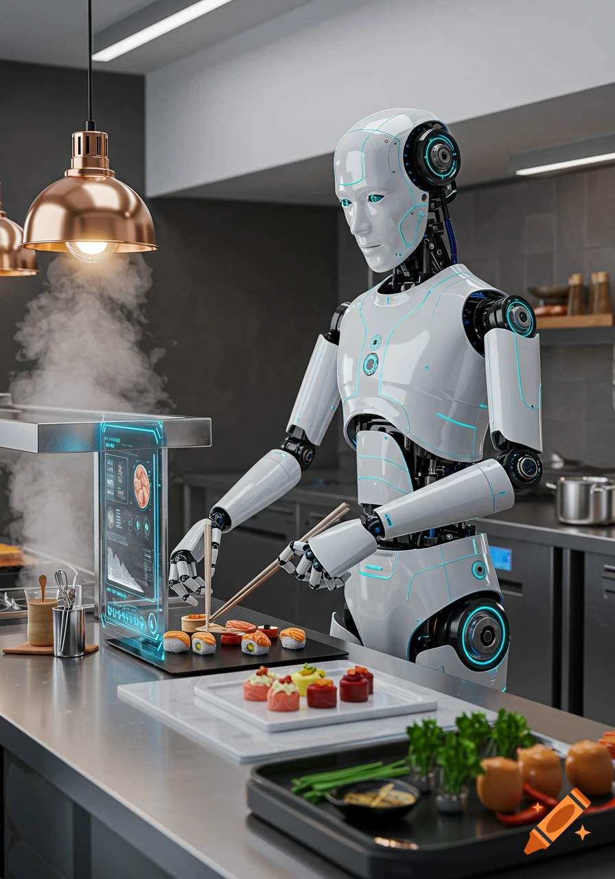 A futuristic white robot with blue accents precisely arranges sushi on a counter in a modern kitchen, with a holographic display showing data.