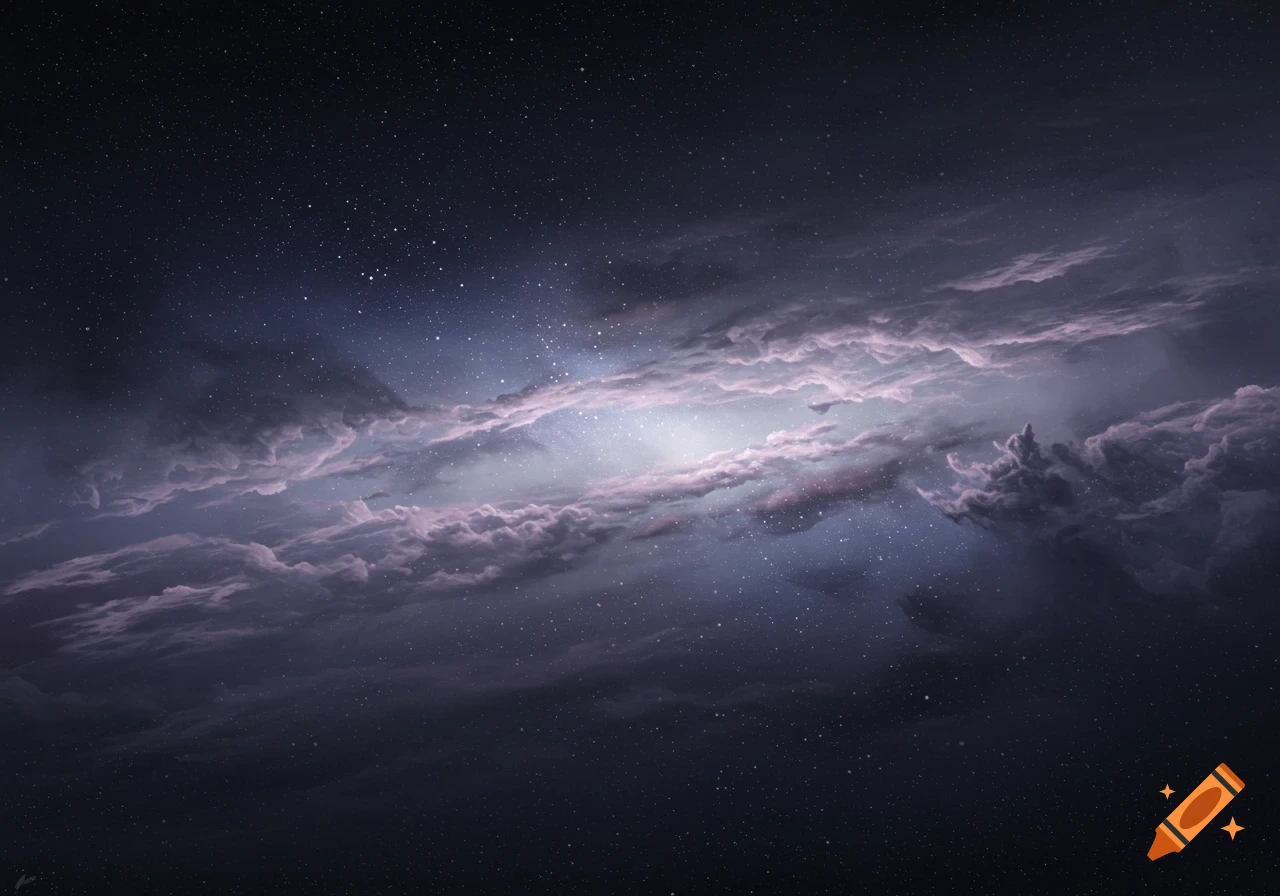 A dark space nebula featuring light purple and blue cosmic clouds amidst numerous stars.