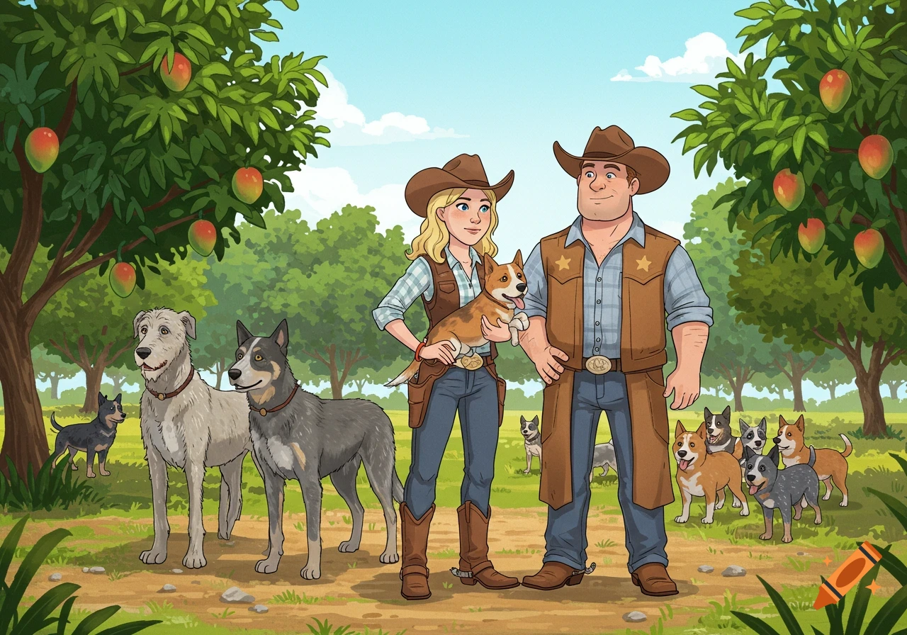 Cartoon illustration of a man and a woman in cowboy hats on a mango farm with many dogs, including two large dogs and several smaller cattle dogs.