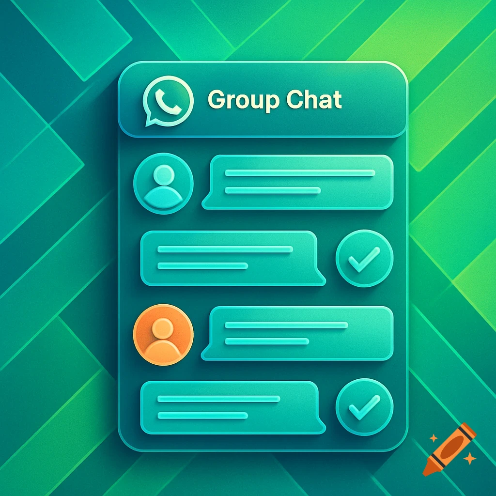 A stylized 3D illustration of a mobile messaging app's group chat interface with green and teal bubbles against a green geometric background.