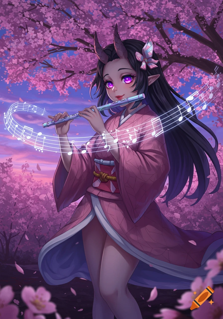 An anime demon girl with purple eyes and horns plays a flute under cherry blossom trees at dusk, with glowing musical notes.
