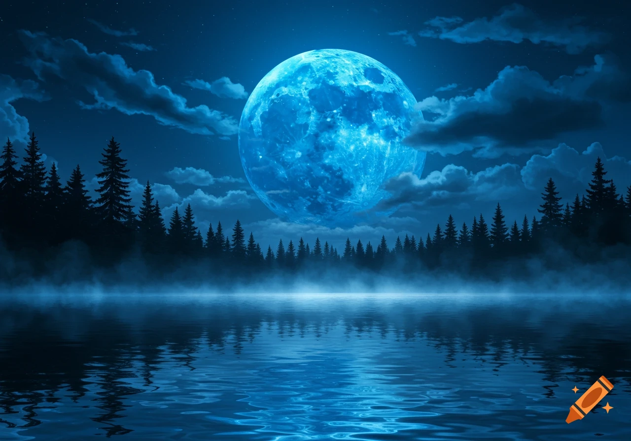 A vibrant blue moon hangs over a misty lake, reflecting its light, with a dark forest of pine trees silhouetted against the night sky.