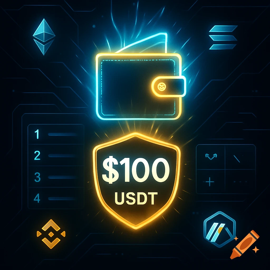 A neon glowing wallet, a shield badge with "$100 USDT", and cryptocurrency icons (ETH, SOL, BNB, ARB) on a dark, futuristic background.