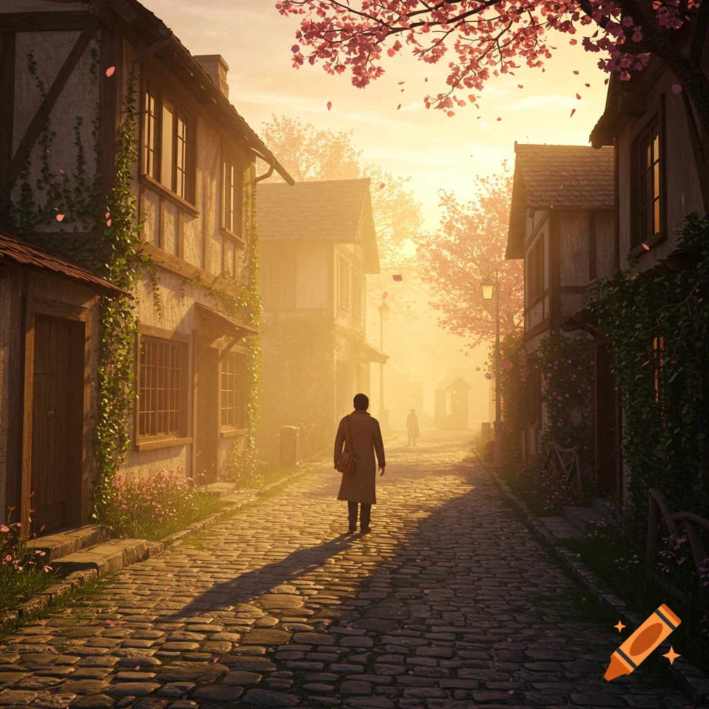 A lone figure walks down a cobblestone street lined with old buildings under a golden sunset with cherry blossoms.