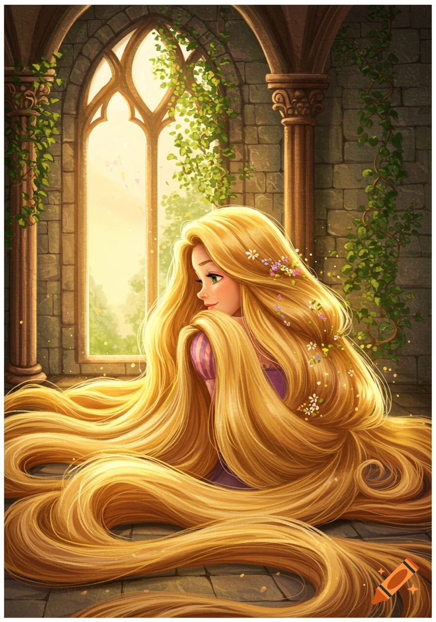 Rapunzel sits by a sunlit arched window in a stone tower, her incredibly long blonde hair cascading around her with small flowers.