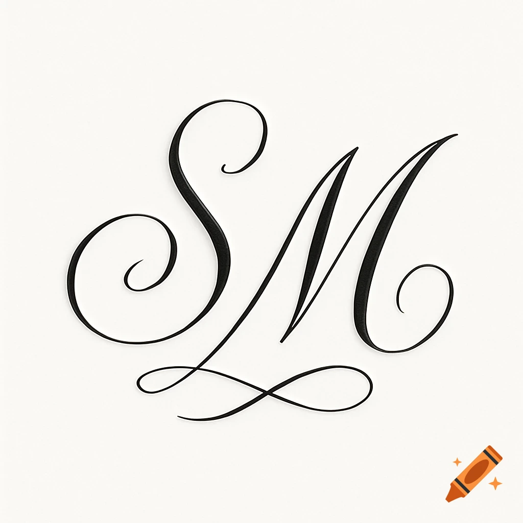 Elegant black cursive letters 'SM' intertwined on a white background, resembling a monogram.