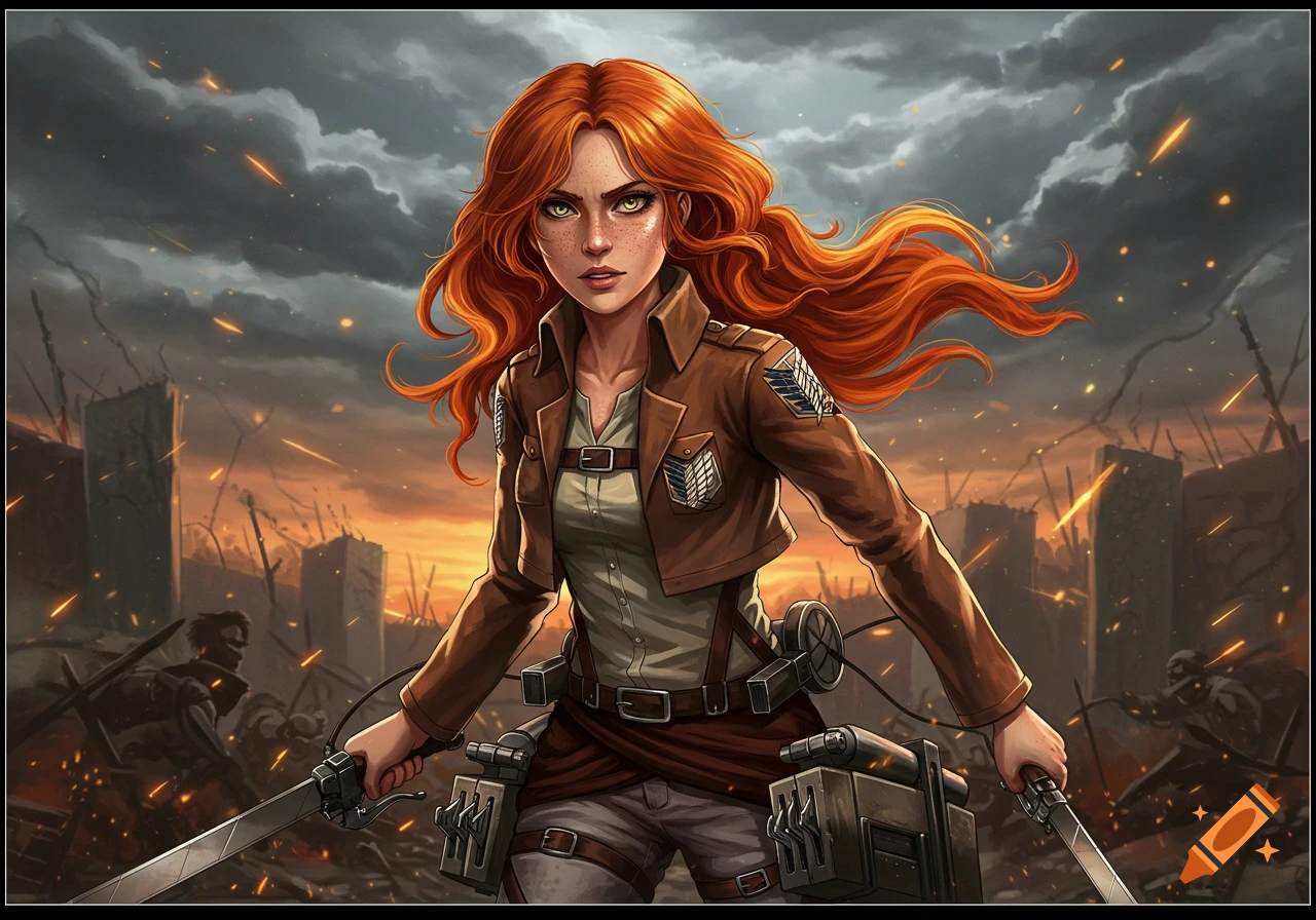 Anime art of a ginger woman with freckles, wearing an Attack on Titan uniform, holding swords in a ruined city under a stormy sky.