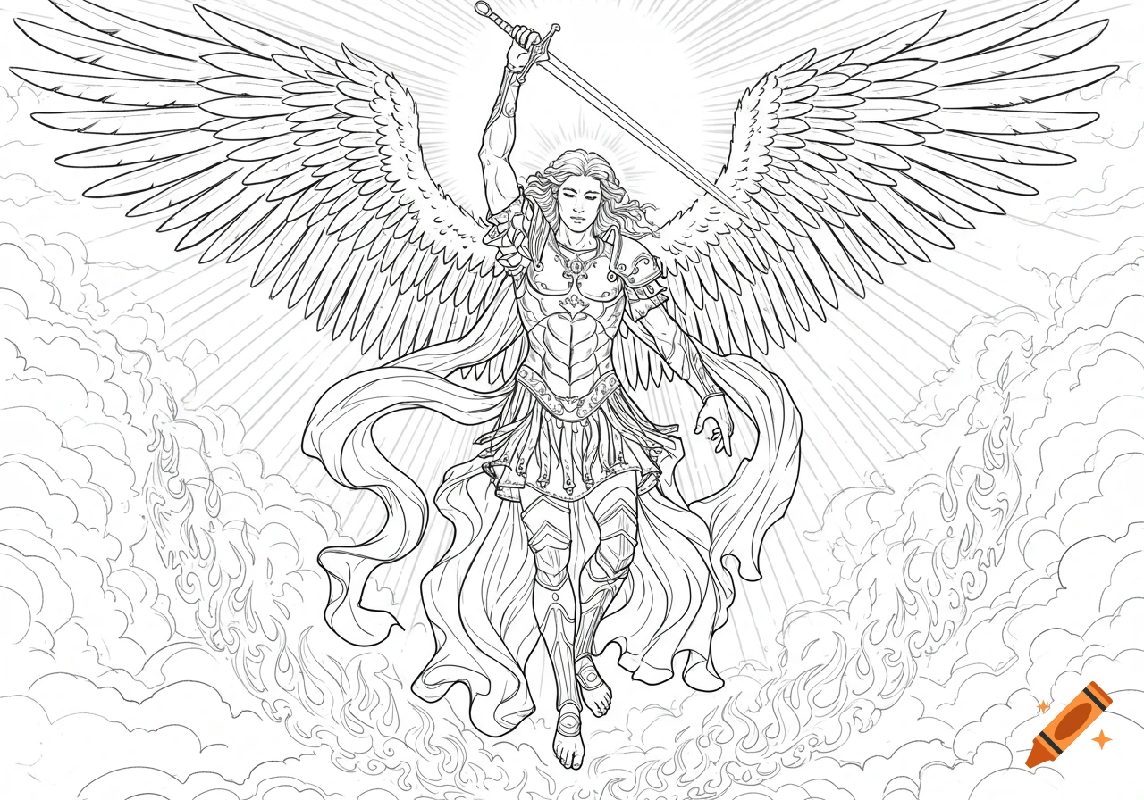 Line art drawing of Archangel Michael in armor with large wings, holding a sword raised high, descending through rays of light and smoke.
