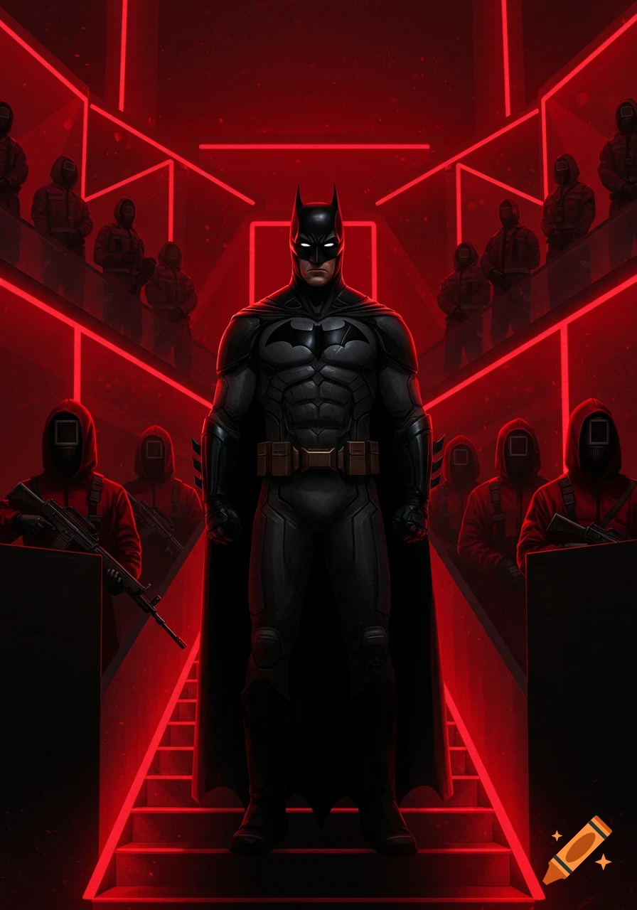 Batman stands defiantly among Squid Game guards in a dark room illuminated by red neon lights.