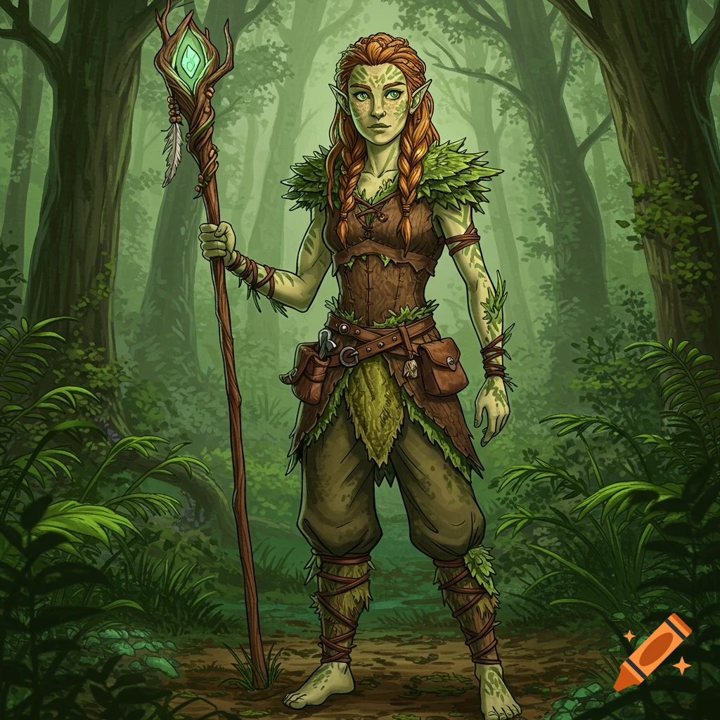 A fantasy woman with light green skin, red braided hair, and leaf attire holds a staff in a lush forest.