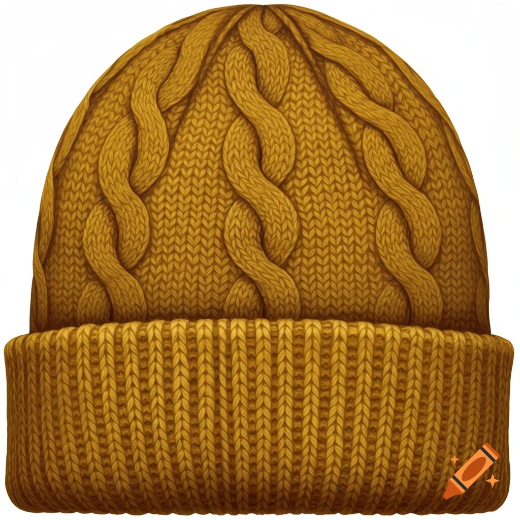 A golden-brown cable knit beanie hat with a ribbed brim.