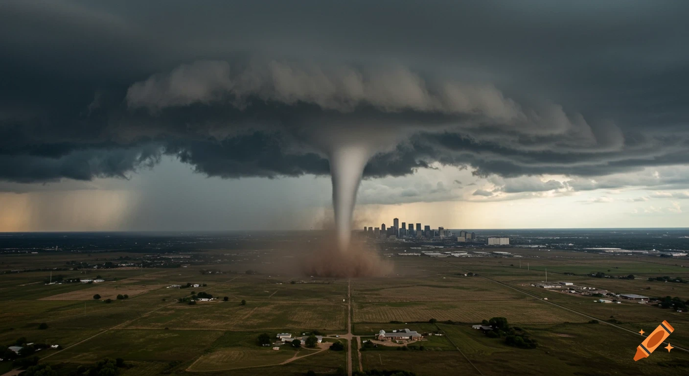 A photorealistic aerial view of a large cone tornado touching down near a distant cityscape under a dark, stormy sky.